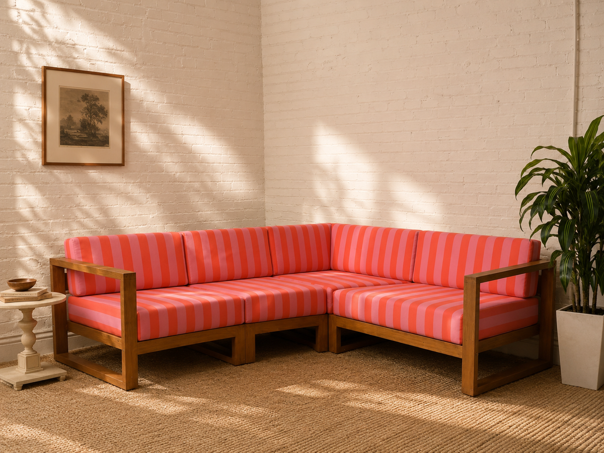 Modern Outdoor Wood Frame Sectional Sofa with White Cushions