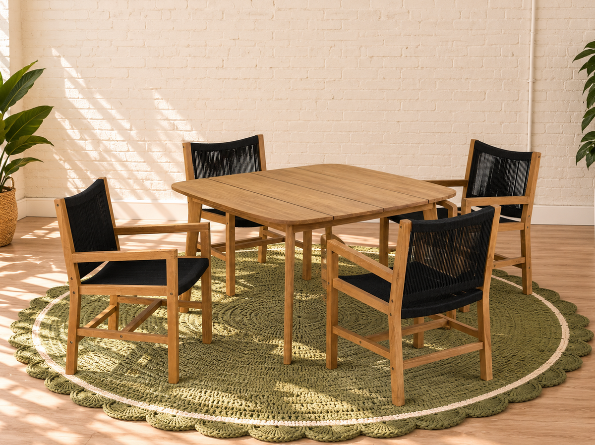 Alessia Dining Set with Warm Wood Table and Four Woven Rope Armchairs in Black
