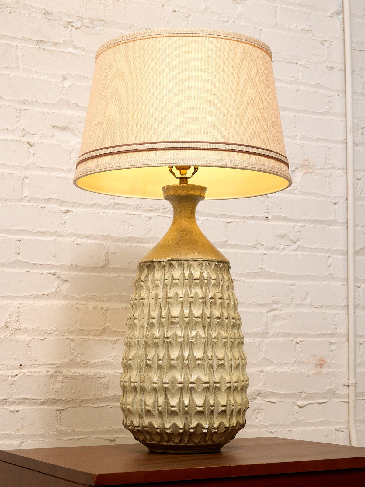 Vintage Brutalist Textured Ceramic Table Lamp with Geometric Relief