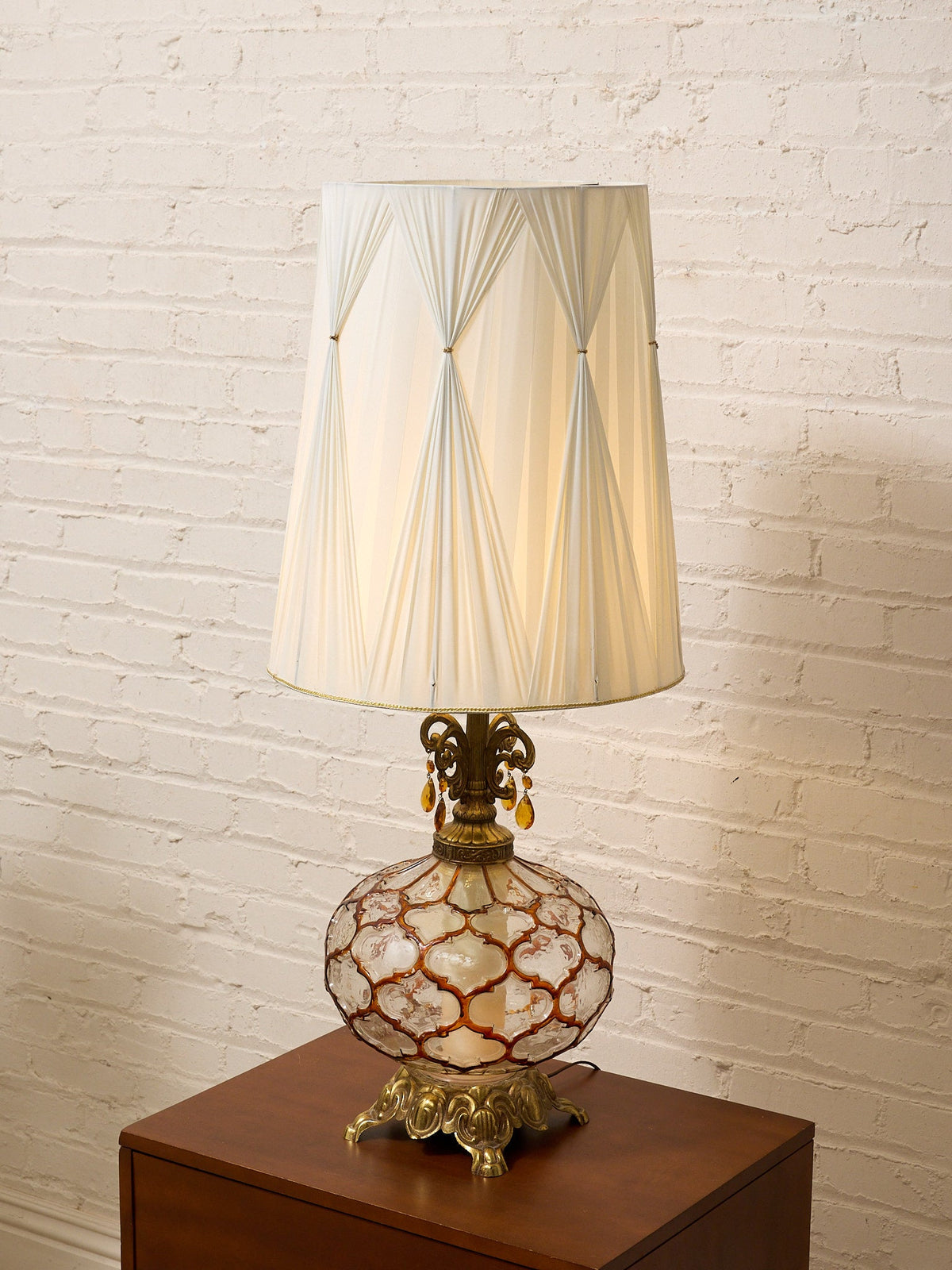 Vintage Faceted Glass Globe Table Lamp with Brass Base and Pleated Shade
