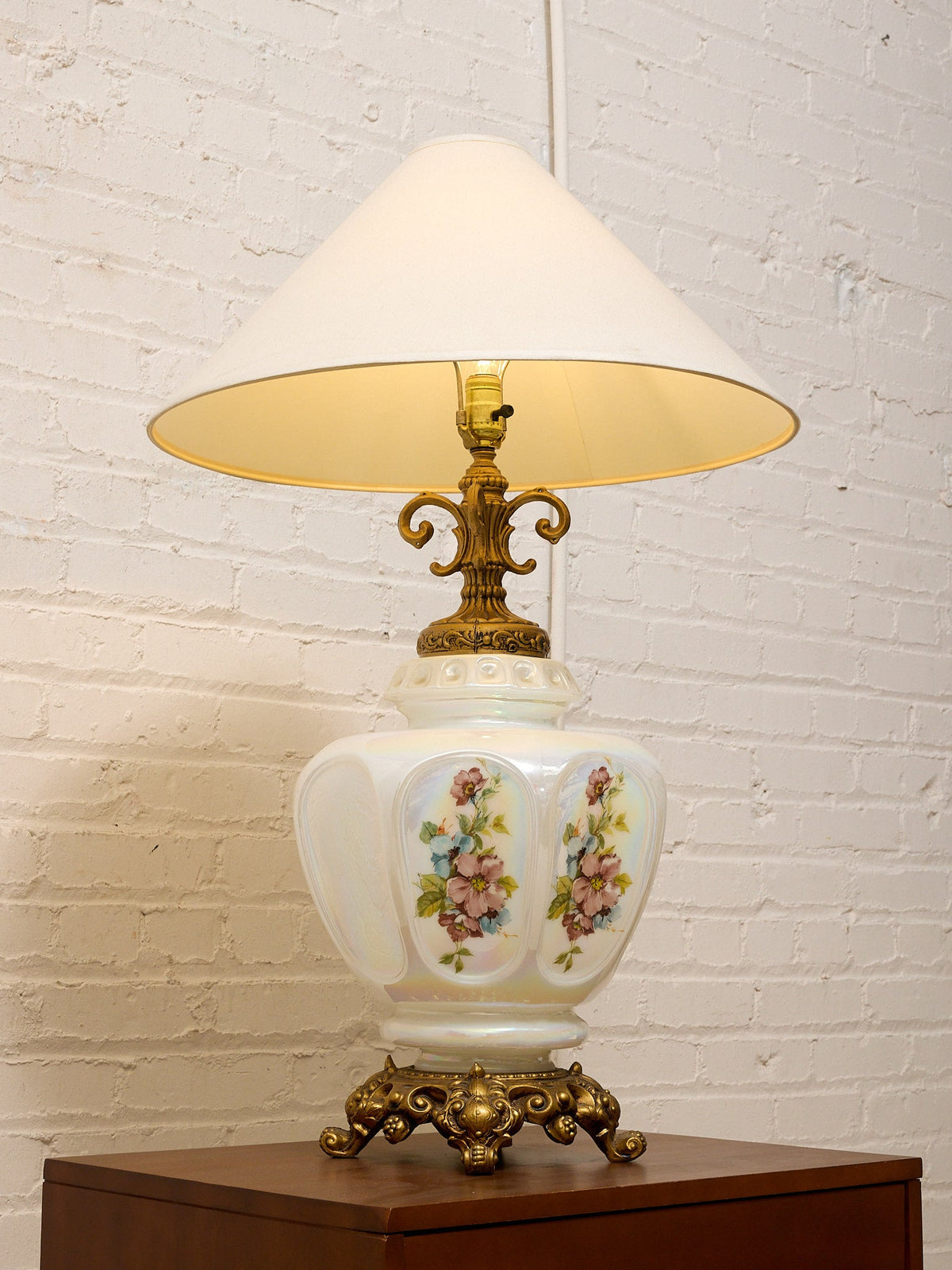 Vintage Iridescent Opaline Glass Table Lamp with Ornate Brass Base