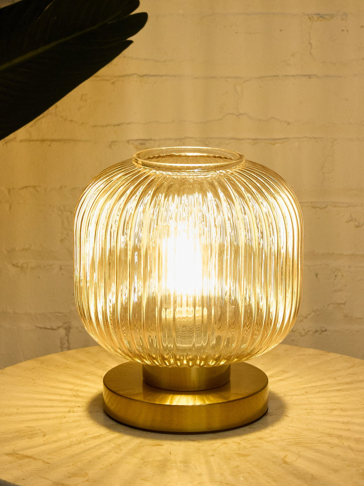 Modern Ribbed Glass Globe Table Lamp with Brass Base