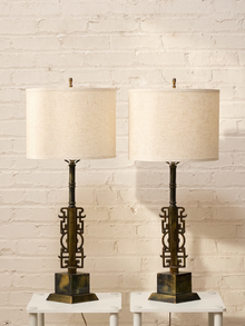 Pair of Brutalist Steel Table Lamps with Sculptural Geometric Bases