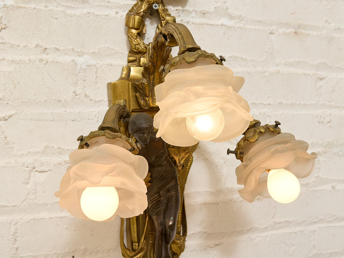 Pair Vintage Louis XVI Style Figural Three-Light Wall Sconces