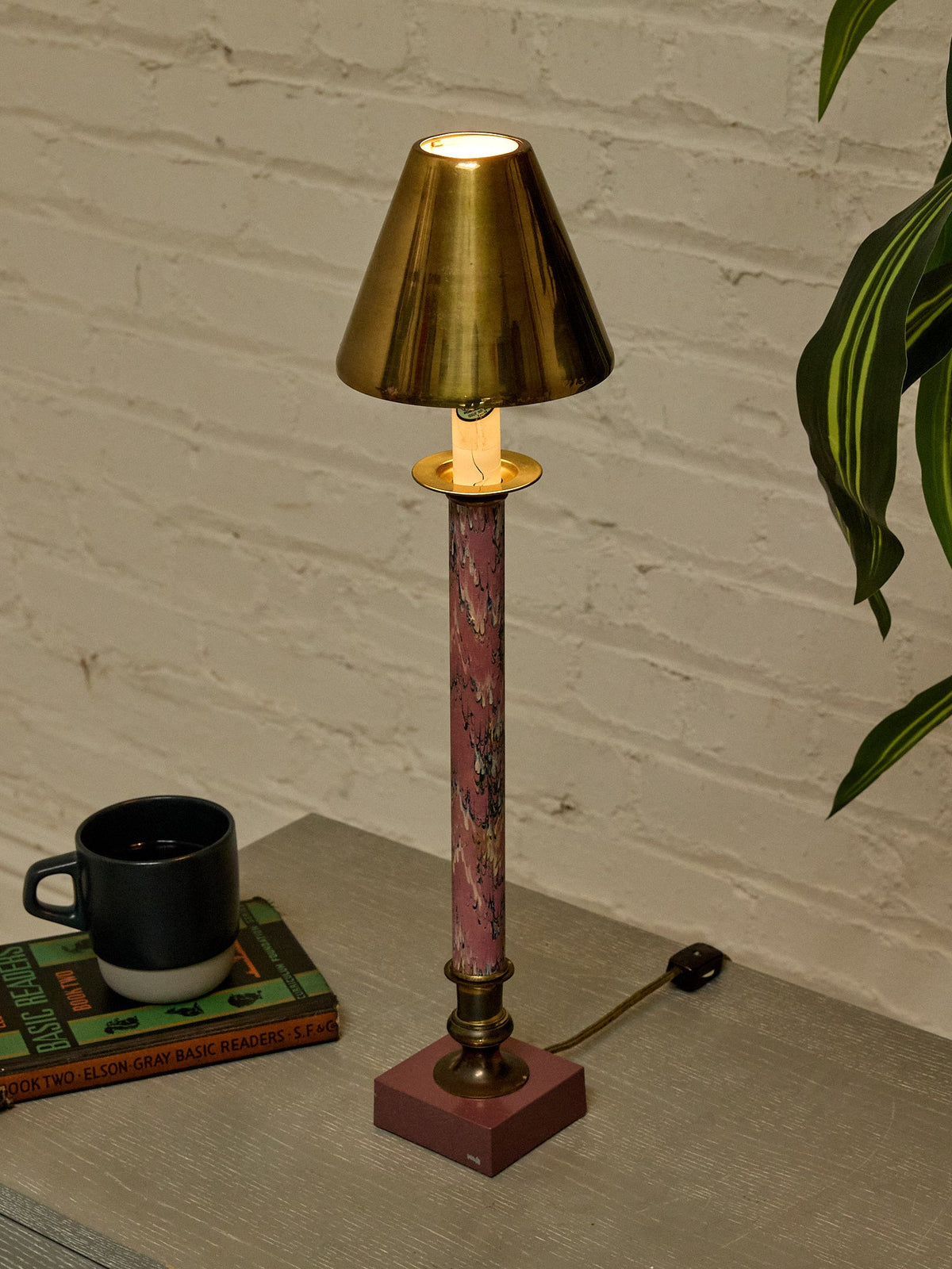 Vintage Postmodern Pink Marble & Brass Table Lamp