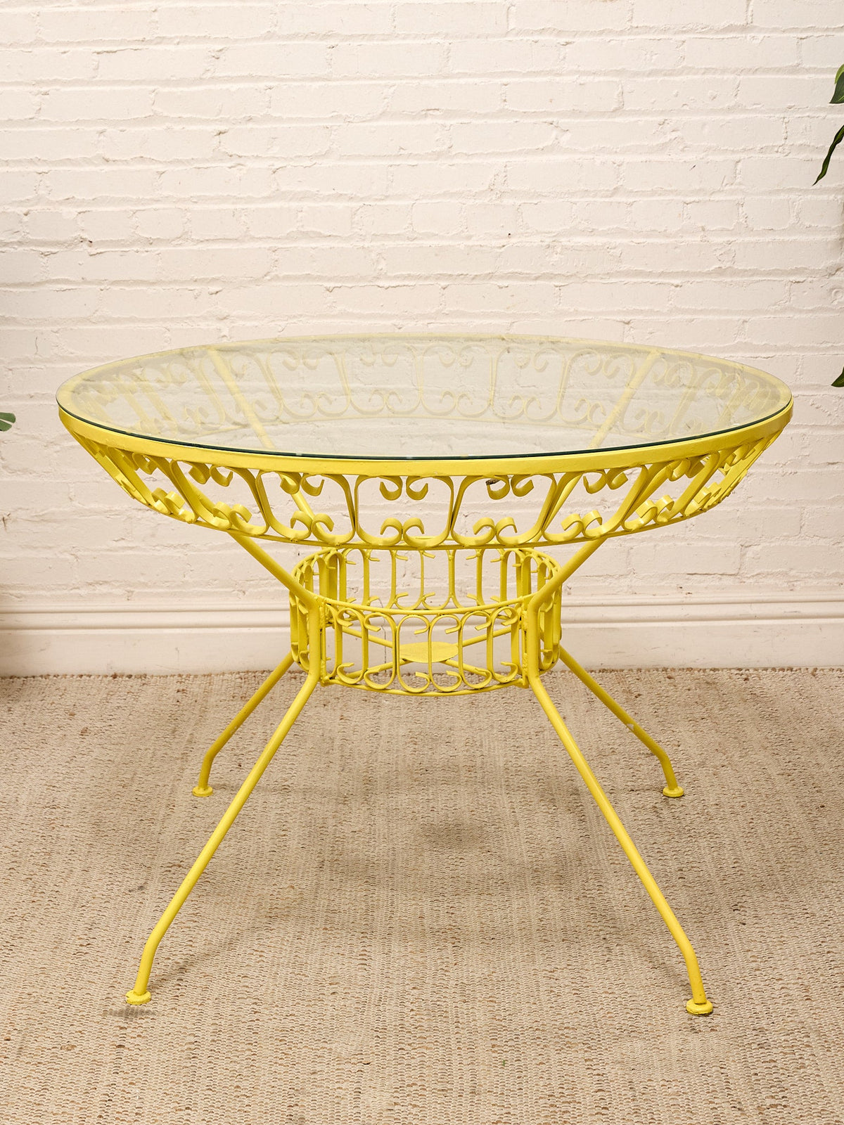 Arthur Umanoff Vintage Yellow Patio Dining Set with Glass Top Table and Four Chairs