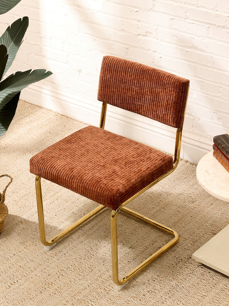 Modern Brass Cantilever Rust Corduroy Dining Chair