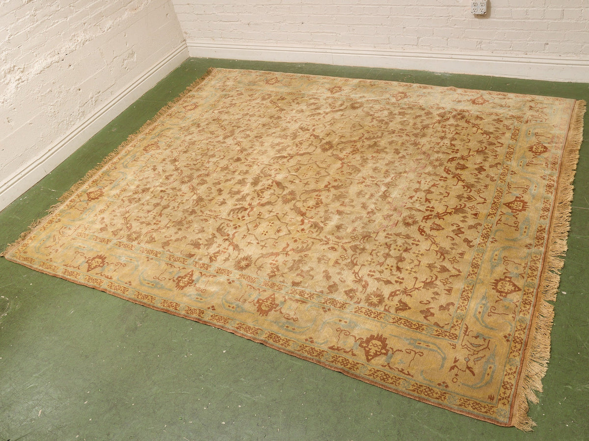 Vintage Hand-Knotted Silk Oushak-Style Area Rug in Ivory, Rust & Pale Blue