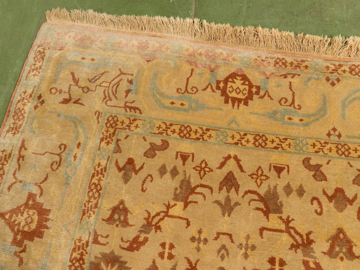 Vintage Hand-Knotted Silk Oushak-Style Area Rug in Ivory, Rust & Pale Blue