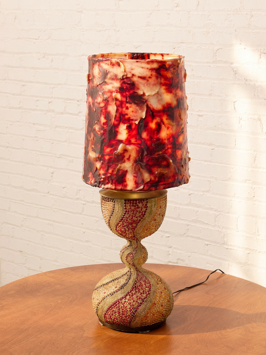 Vintage Beaded Sculptural Table Lamp with Amber Resin Shade