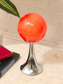 Vintage Space Age Red Glass Globe Table Lamp with Chrome Pedestal Base