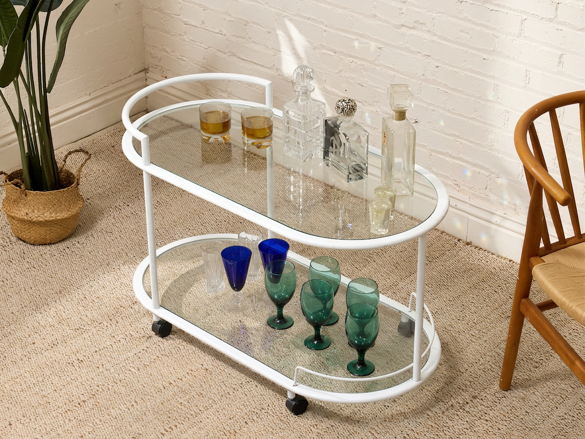 Vintage White Tubular Metal & Glass Outdoor Bar Cart