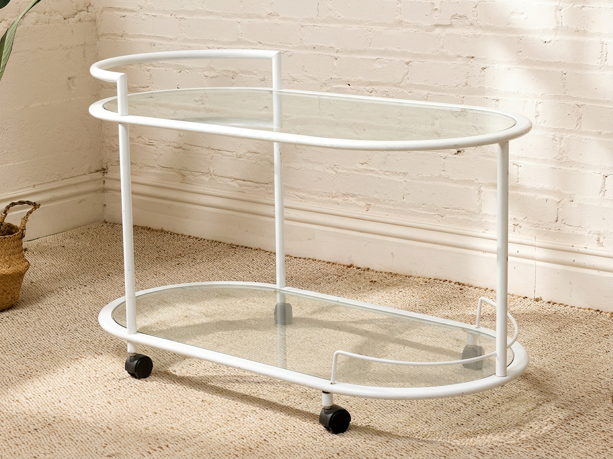 Vintage White Tubular Metal & Glass Outdoor Bar Cart