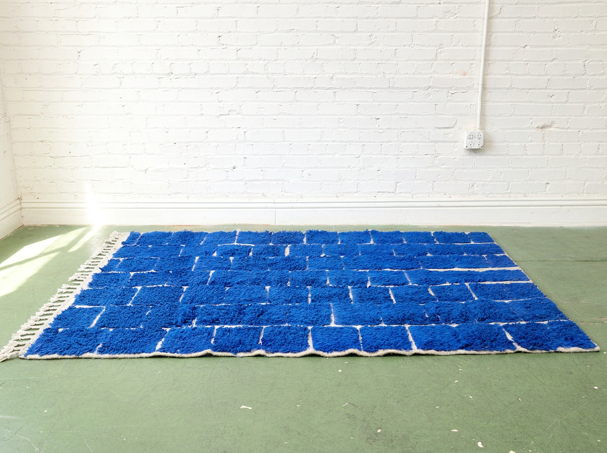 Vintage Cobalt Blue & White Geometric Shag Rug