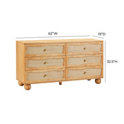 Grappa 62" Natural Wood & Raffia Wavy 6-Drawer Dresser