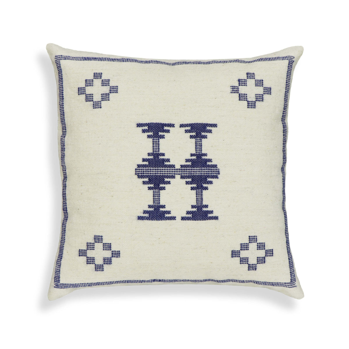 Aztec 20" Cream & Indigo Wool Square Throw Pillow Cover