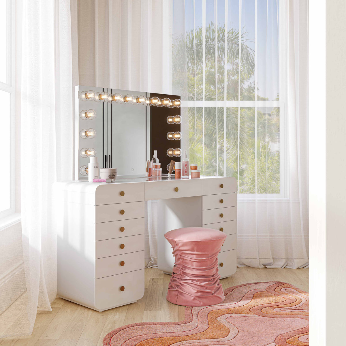 Hollywood 56" White Desk with Vanity Mirror