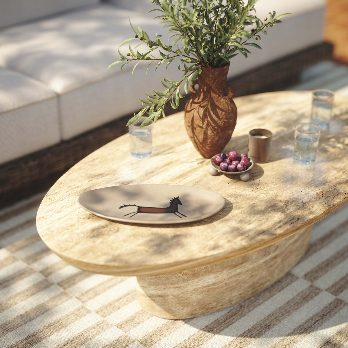 Sonia 51" Faux Travertine Indoor/Outdoor Concrete Coffee Table