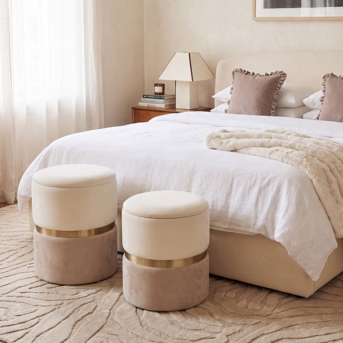 Gigi Cream and Tan Chenille Storage Ottoman - Set of 2