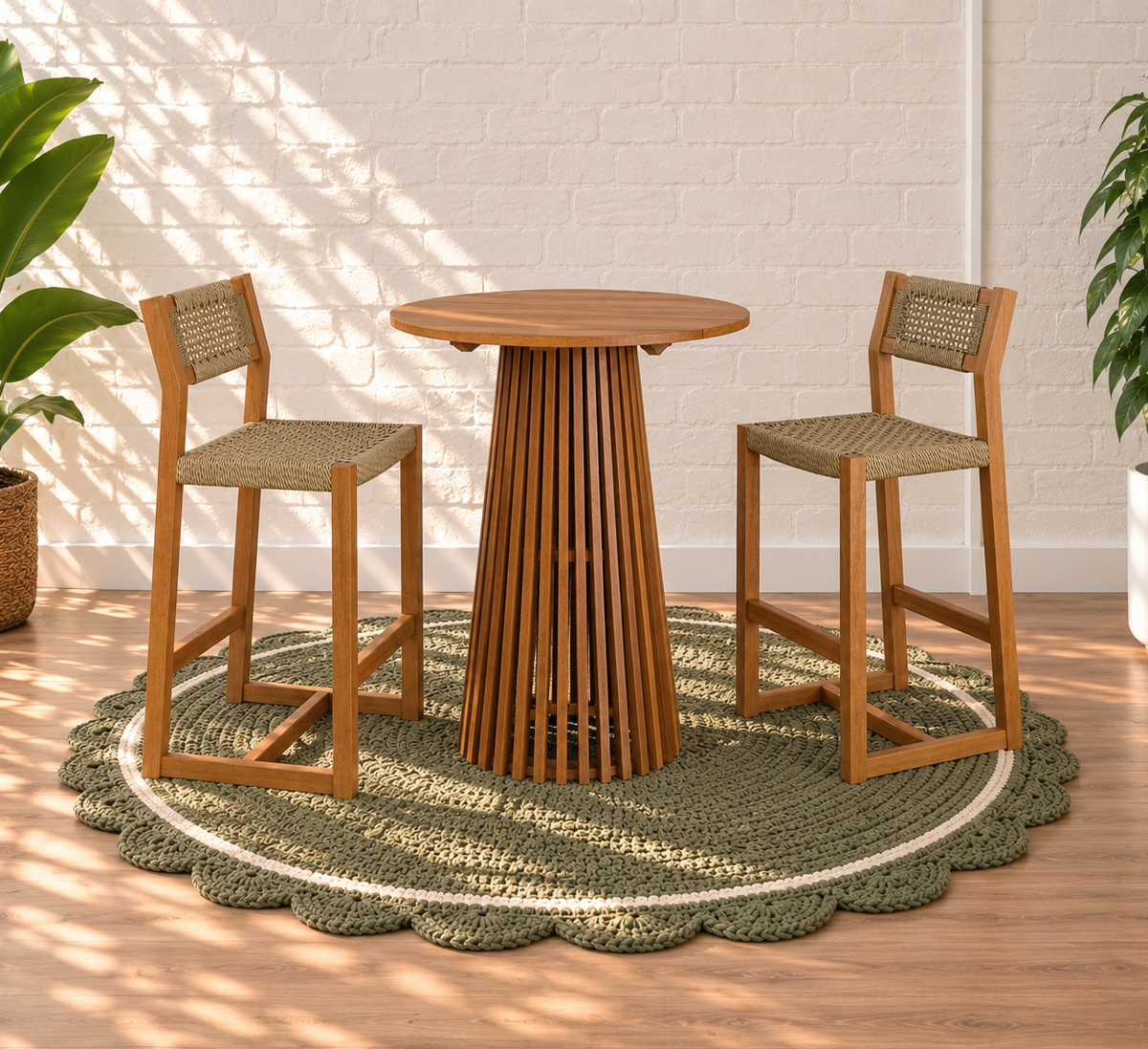 Victoria Slatted outdoor Bar Table with Two Rattan Bar Stools in Warm Teak