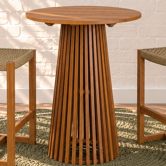 Victoria Slatted outdoor Bar Table with Two Rattan Bar Stools in Warm Teak