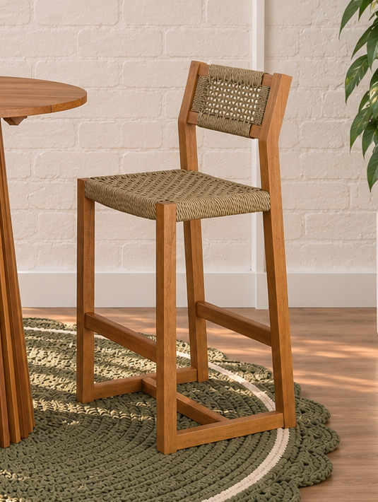 Victoria Slatted outdoor Bar Table with Two Rattan Bar Stools in Warm Teak