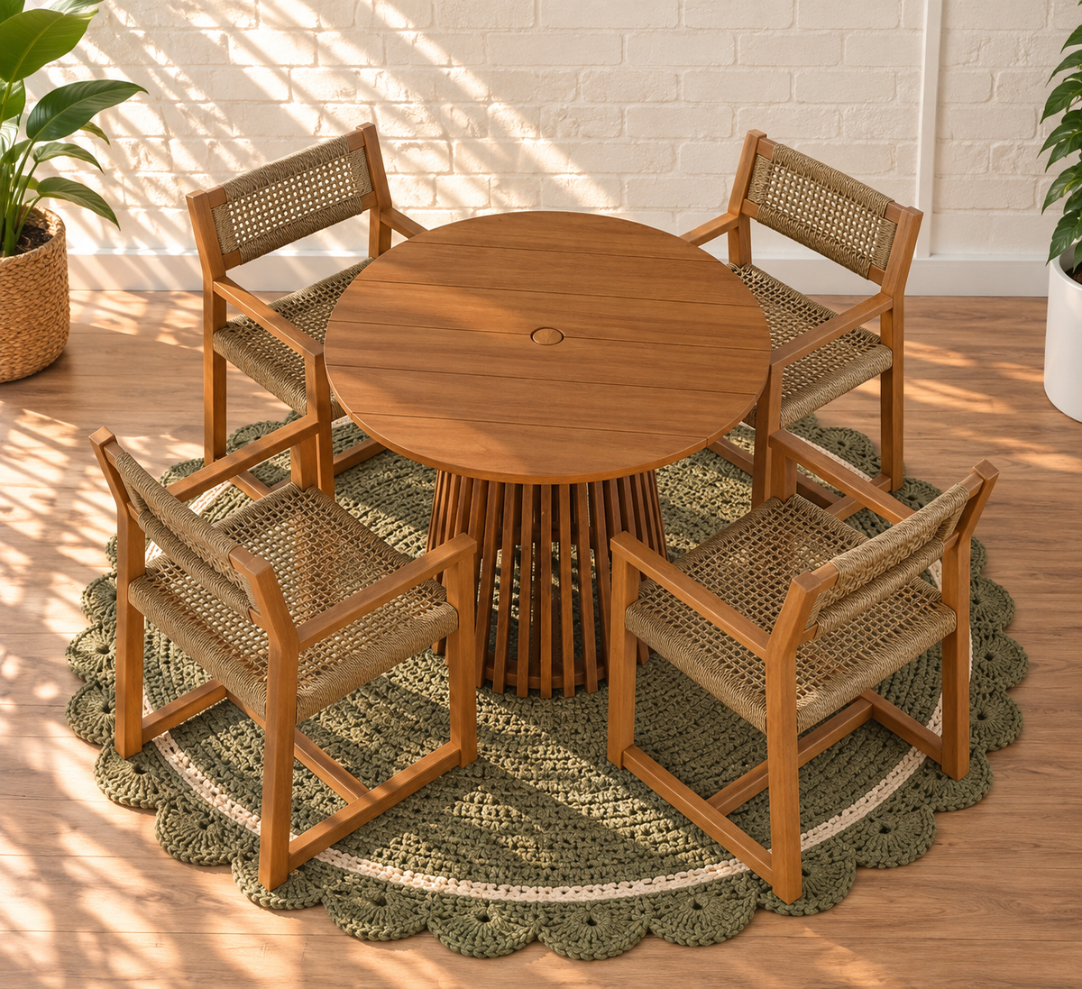 Victoria Slatted Dining Table with Four Rattan Armchairs in Warm Teak