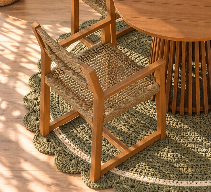 Victoria Slatted Dining Table with Four Rattan Armchairs in Warm Teak