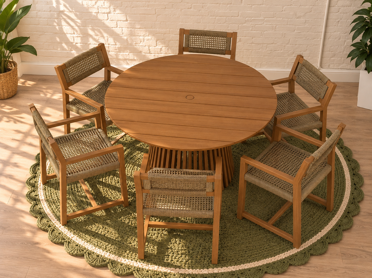 Victoria Slatted Outdoor indoor Dining Table with Six Rattan Armchairs in Warm Teak