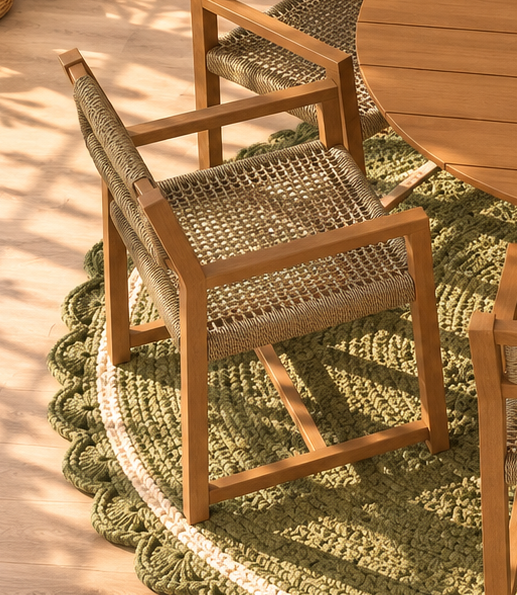 Victoria Slatted Outdoor indoor Dining Table with Six Rattan Armchairs in Warm Teak